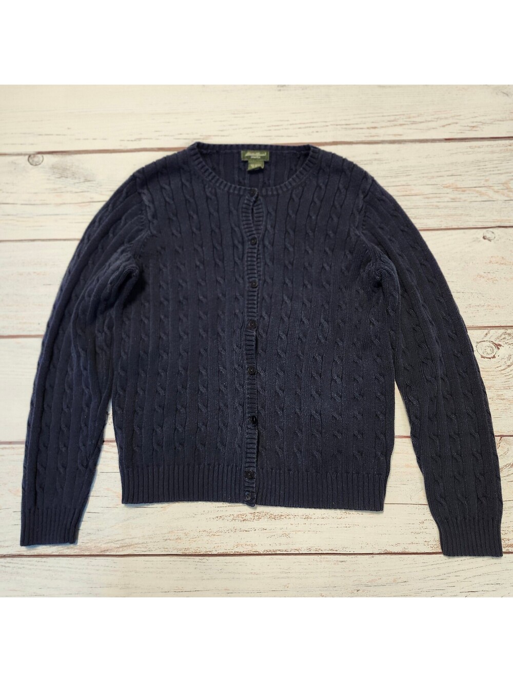 Eddie Bauer Navy Blue Cable Knit Stretch Cardigan Sweater Size Medium